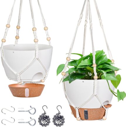 Self-Watering Hanging Planter with Macrame Hanger and Water Reservoir