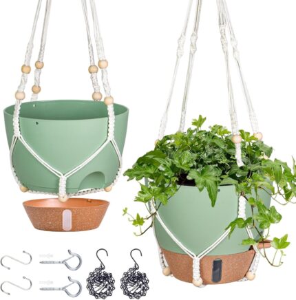 Self-Watering Hanging Planter with Macrame Hanger and Water Reservoir