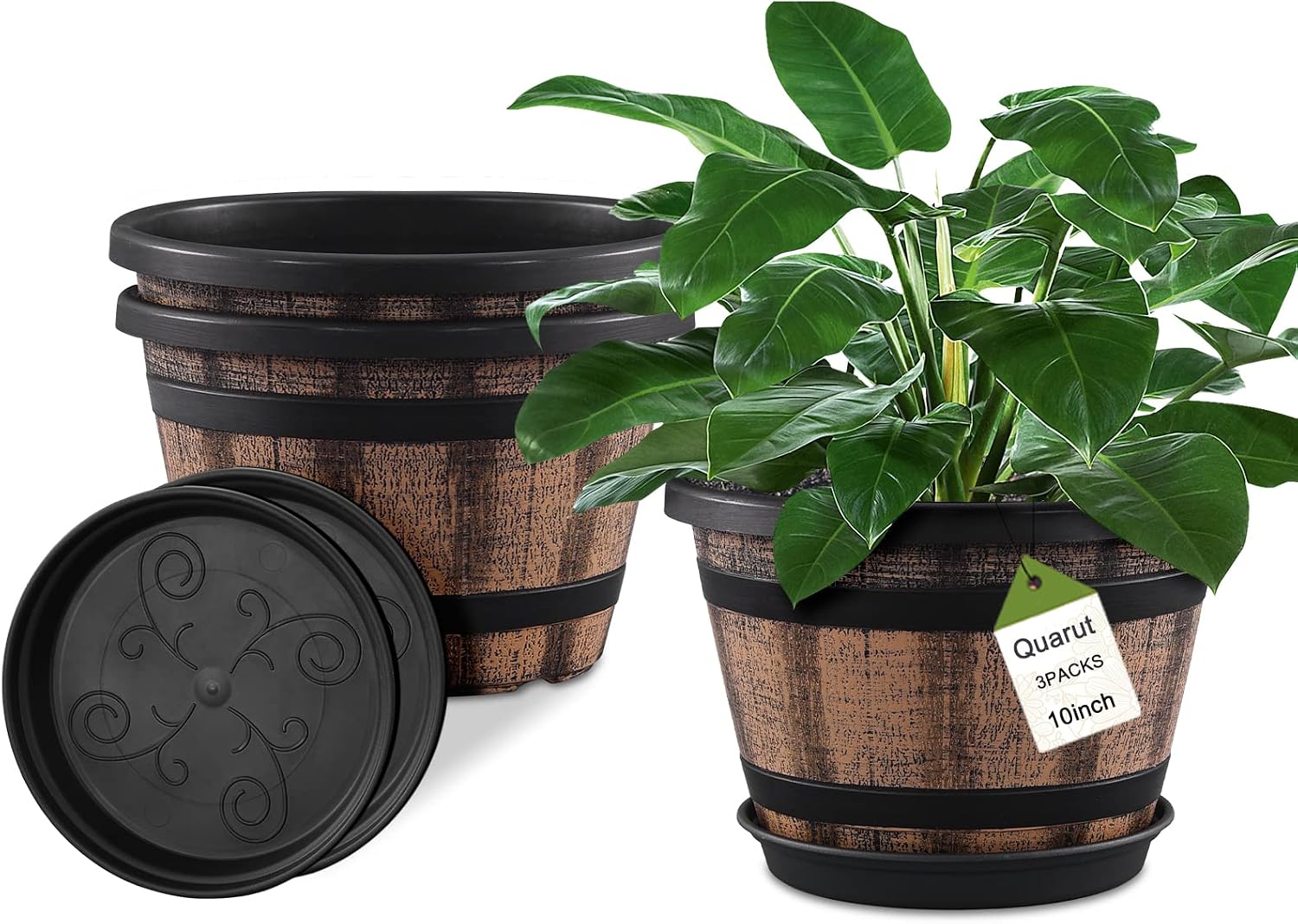 Barrel-Style Plant Pots with Saucers — Set of 3, 10 in, Brown