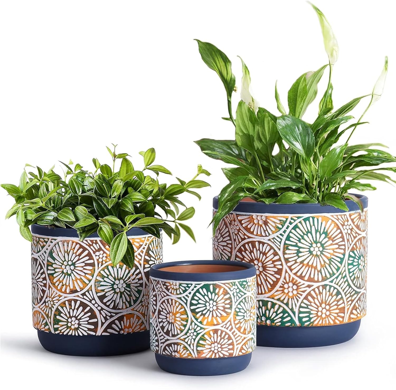 Ceramic Plant Pots with Drainage — Set of 3, 3.5/4.7/5.7 in, Blue