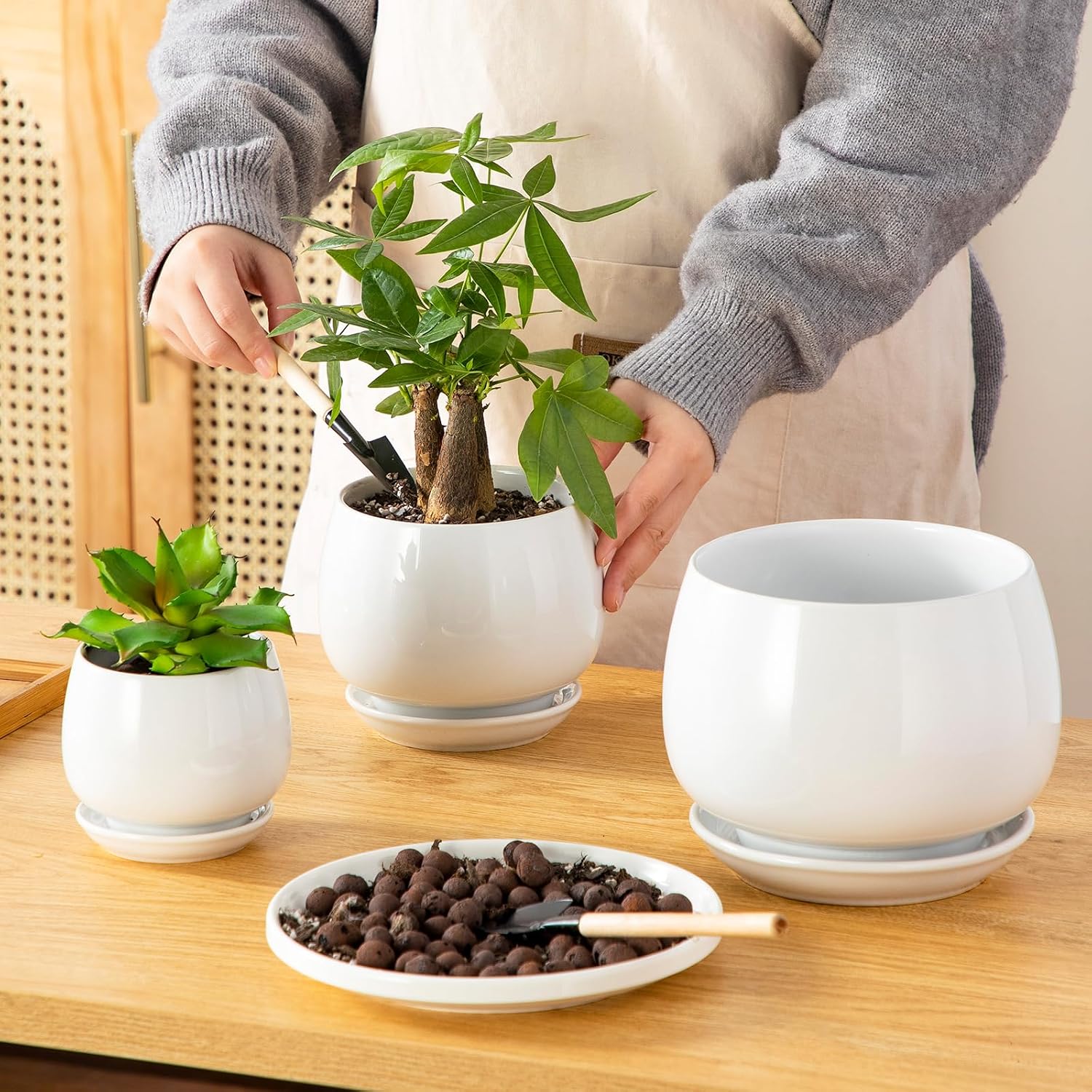 Ceramic Planters with Saucers — Set of 3, 3.7/4.8/6.2 in, White
