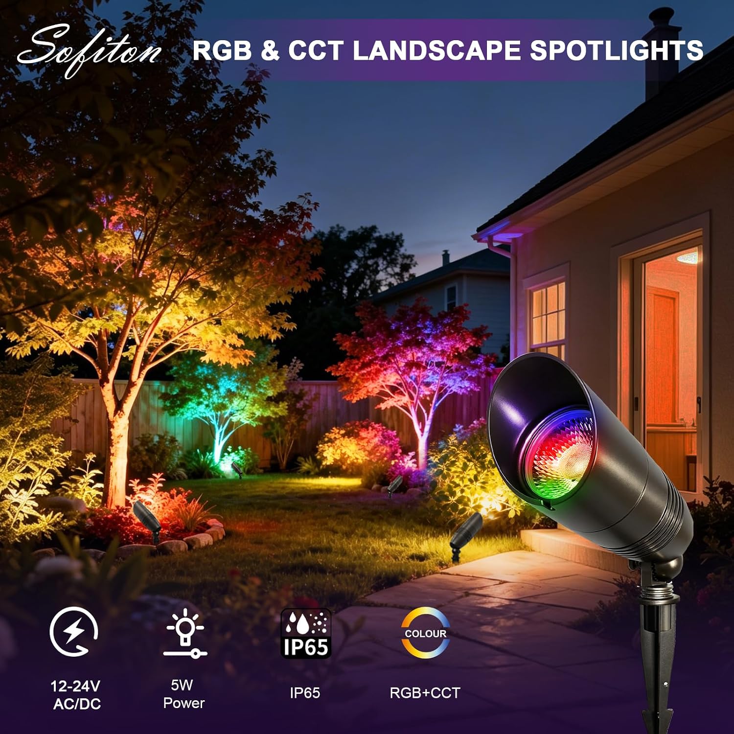 Colour Changing Landscape Spotlights, 5W, 12-24V, Bronze, 4 Pieces — view 2
