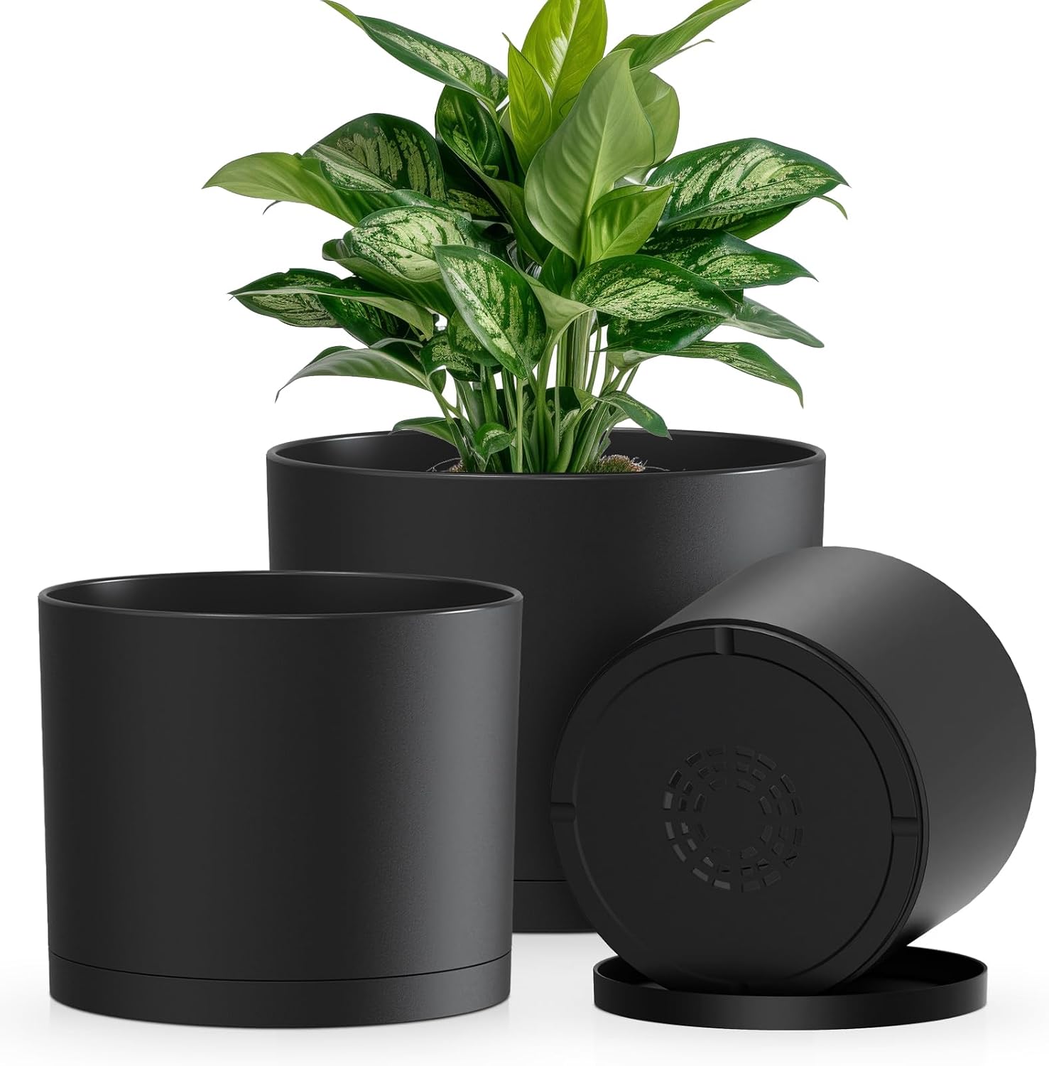 Cylindrical Plant Pots with Saucers — Set of 3, 8/9/10 in, Black
