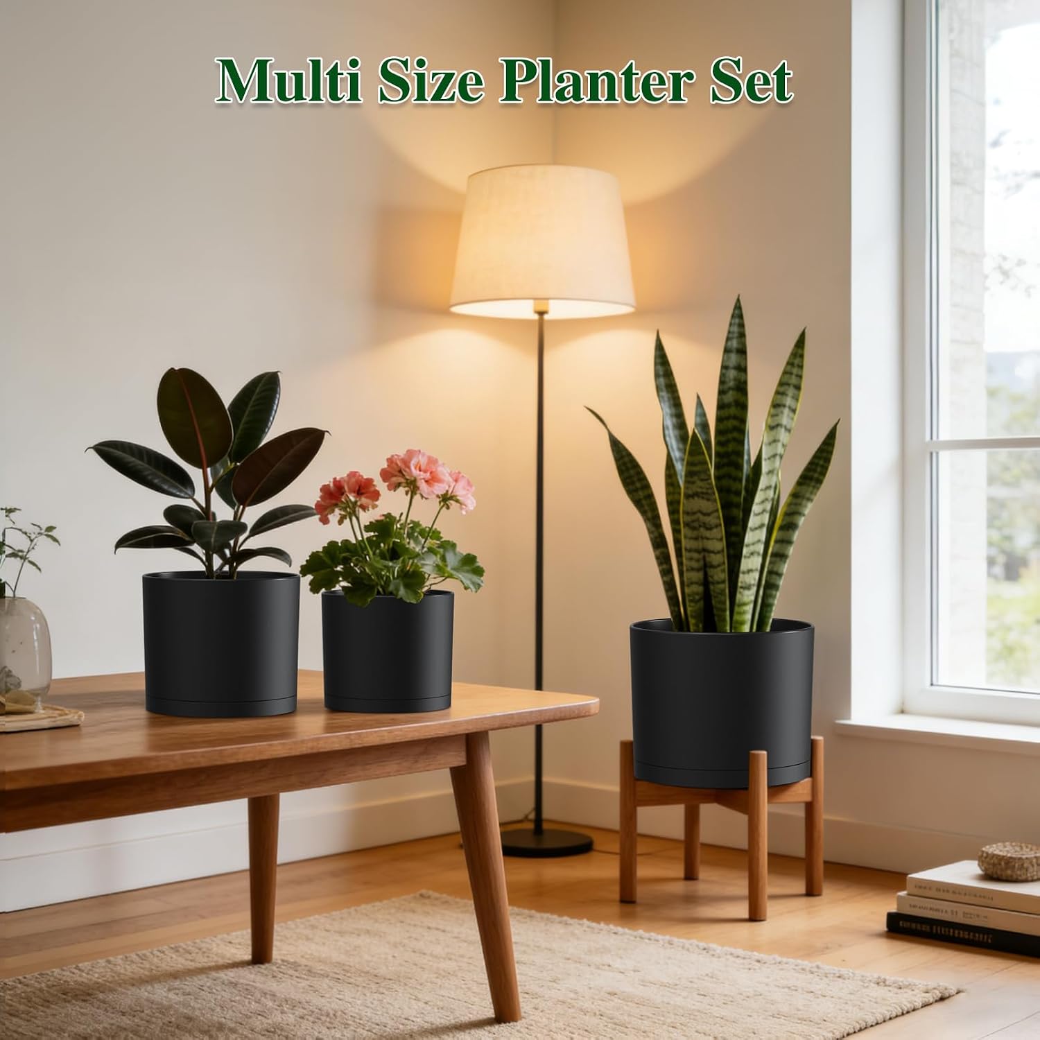 Cylindrical Plant Pots with Saucers — Set of 3, 8/9/10 in, Black
