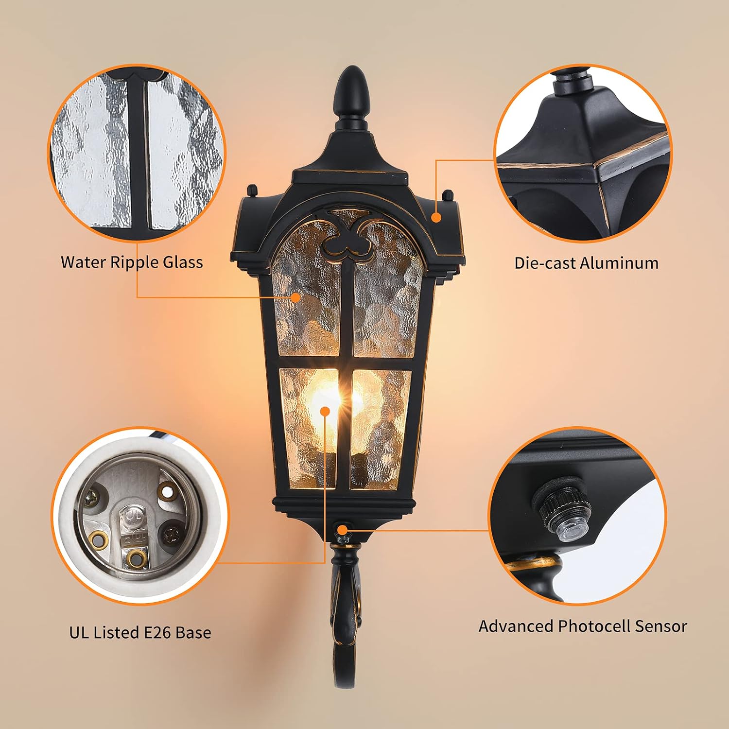 Dusk to Dawn Outdoor Wall Lantern, 17.7 Inch, Black — view 2