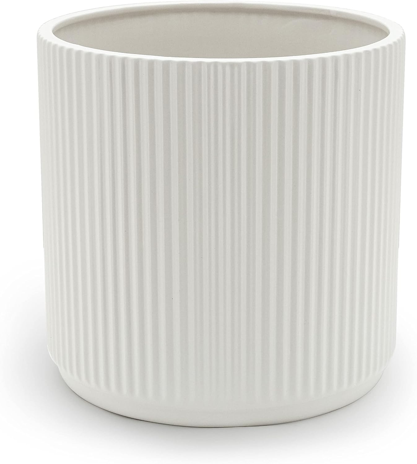 Fluted Ceramic Planter — 8 in, Round, White, with Drainage Hole