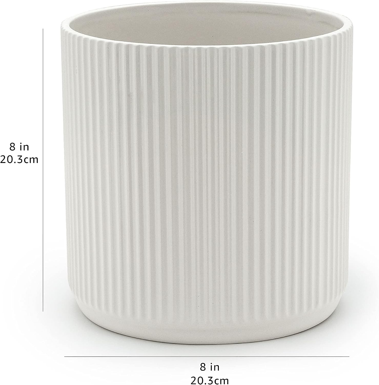 Fluted Ceramic Planter — 8 in, Round, White, with Drainage Hole