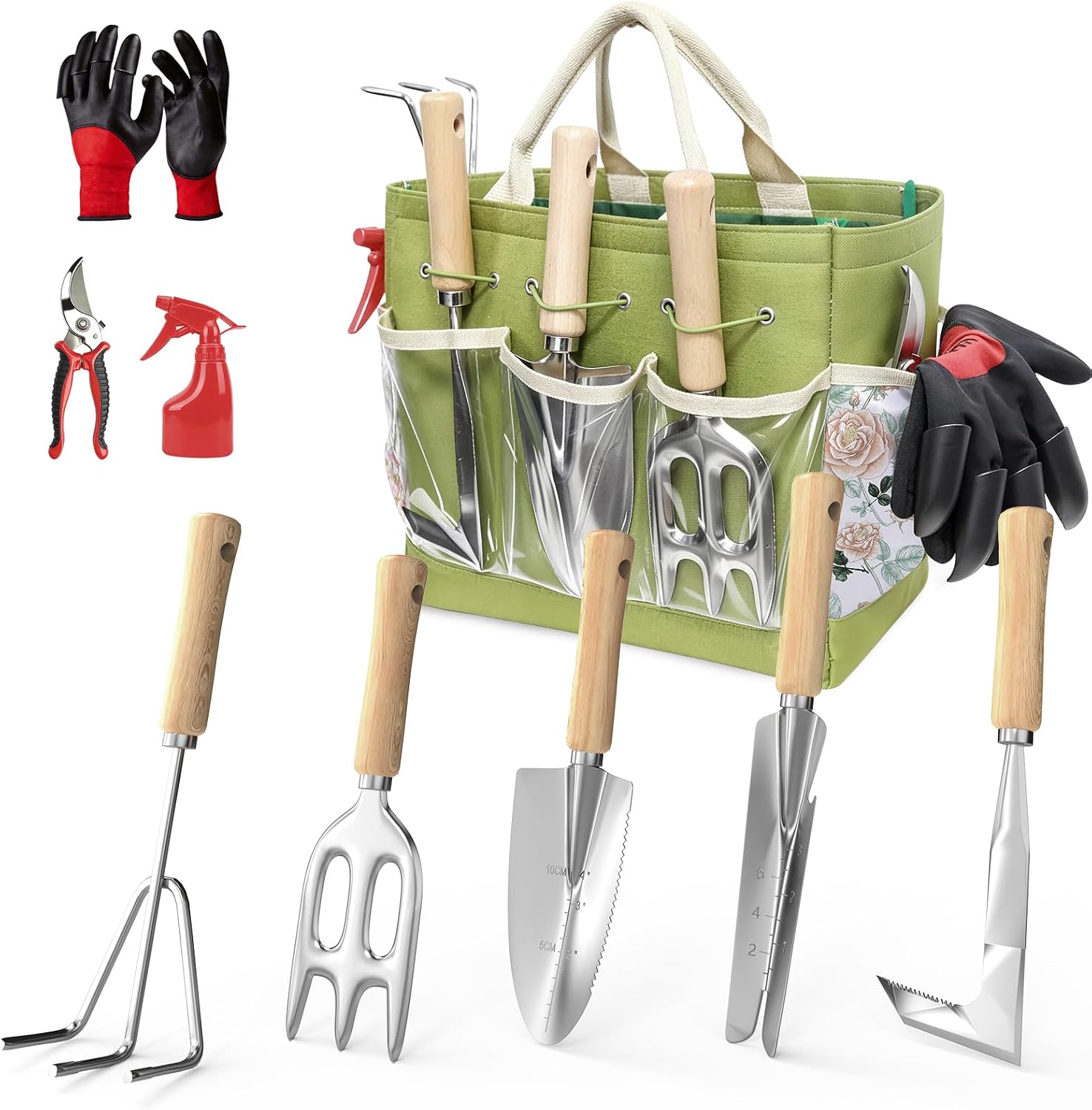 Garden Tools Set, 9-Piece Heavy Duty Gardening Tools with Clear Pocket Tote Bag, Stainless Steel Garden Hand Tools for Digging, Planting, Weeding and Pruning, Durable Gardening Kit Garden Tool Set with Tote Bag, 9 Pieces