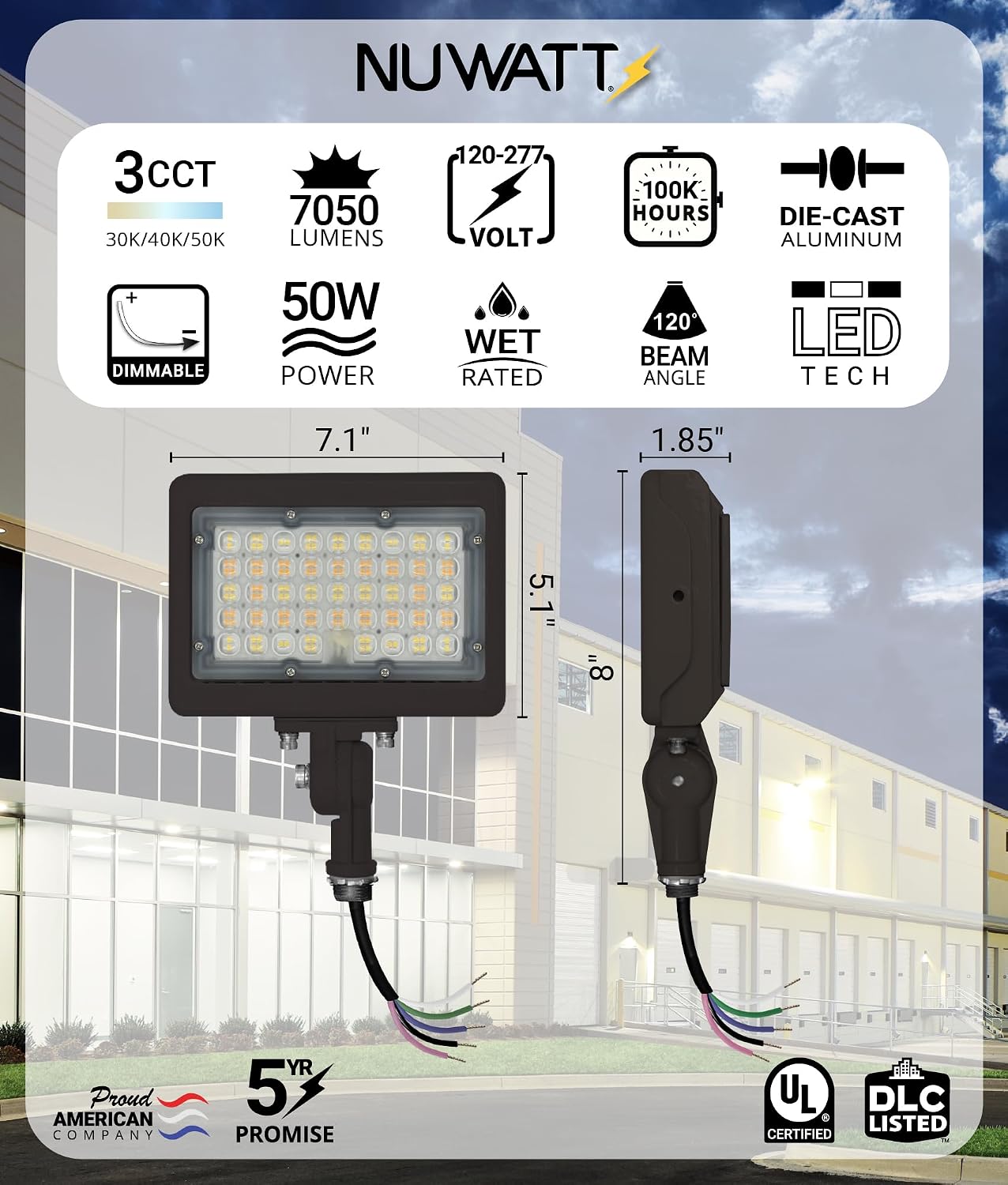 Outdoor LED Flood Light, 50W, 3 Colour Temperatures, Bronze — view 2