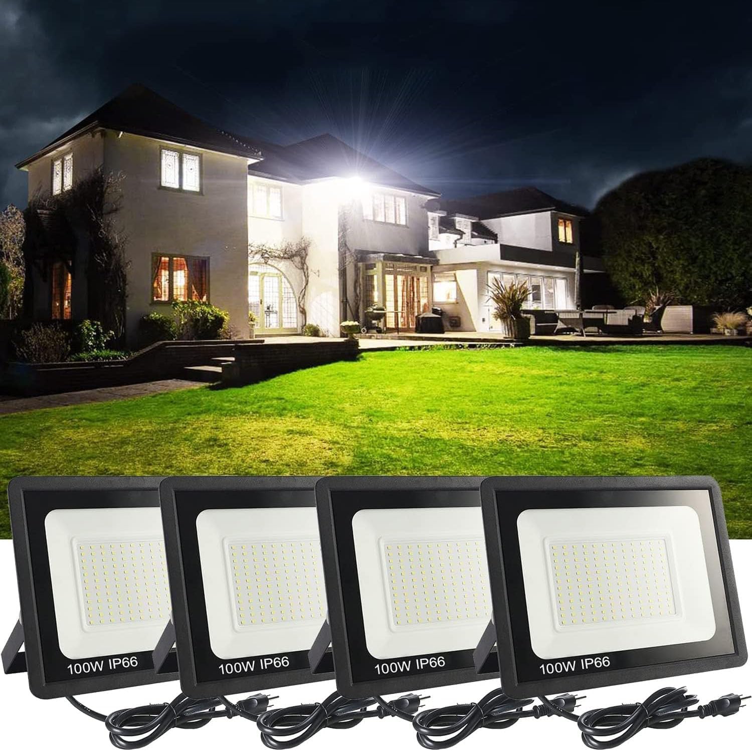 Outdoor LED Flood Lights, 100W, Slim Design, 4 Pieces