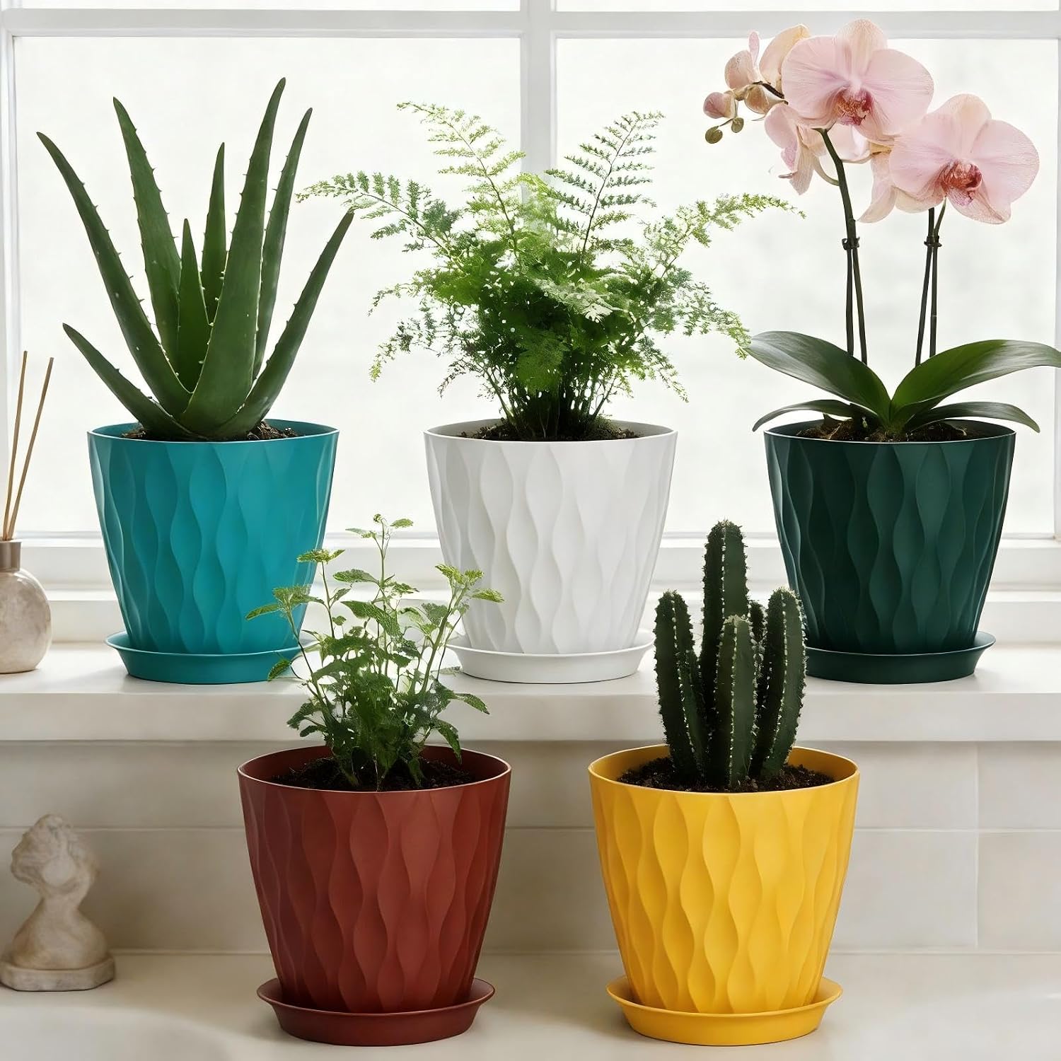 Plastic Plant Pots with Saucers — Set of 5, 8 in, Assorted Colours