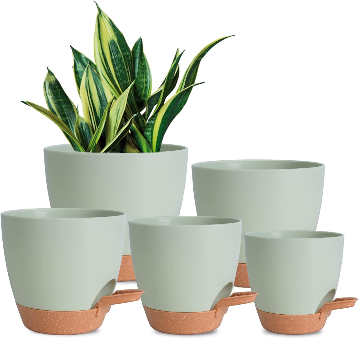 Self-Watering Plant Pots — Set of 5, 5 to 7 in, Green