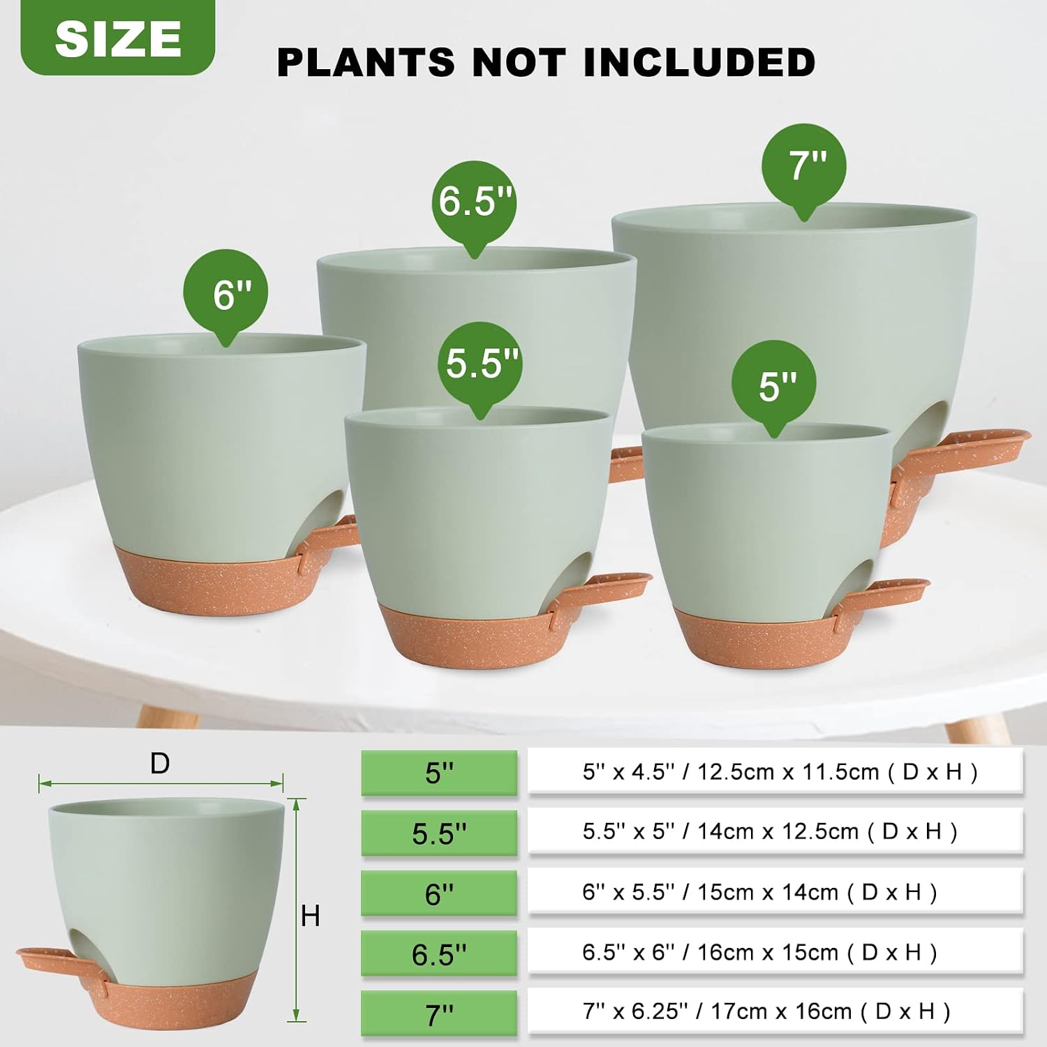 Self-Watering Plant Pots — Set of 5, 5 to 7 in, Green