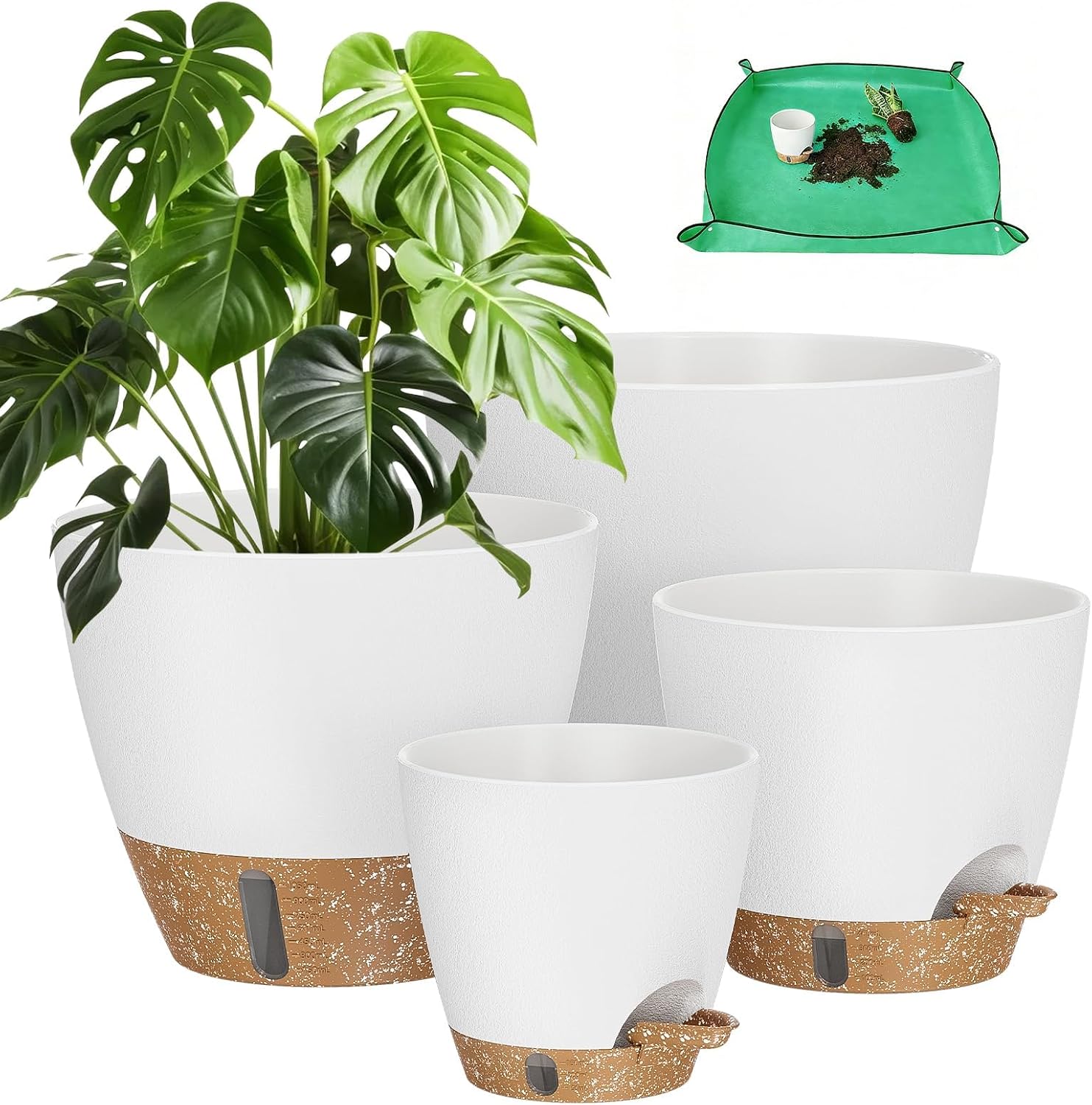 Self-Watering Plant Pots — Set of 5, 6/8/10/12 in, Water Level Indicator