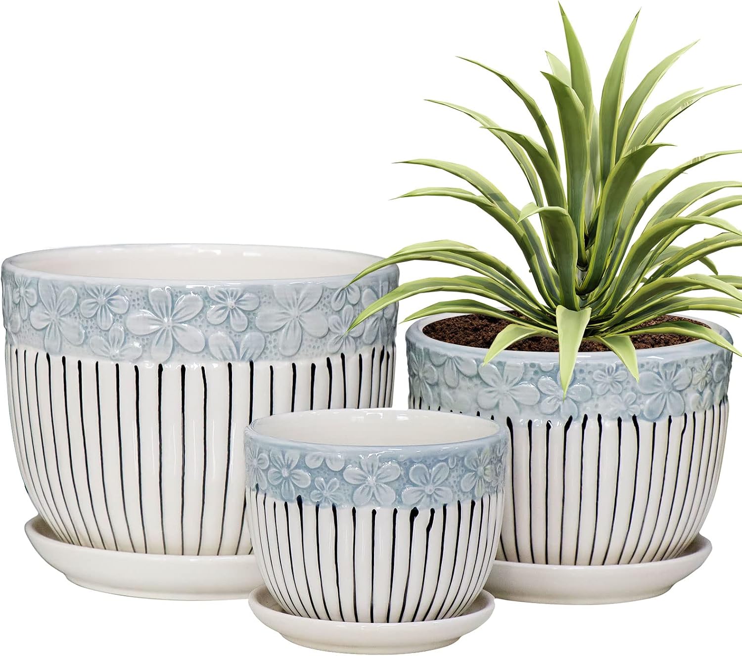 Textured Ceramic Planters with Saucers — Set of 3, 4/5.5/6.7 in, Grey