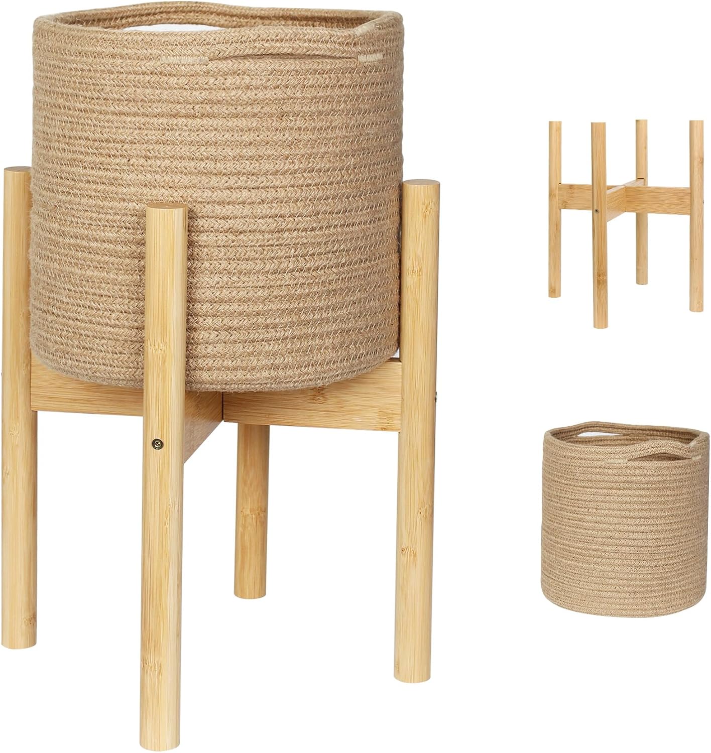 Woven Basket Planter with Bamboo Stand — Round, Jute