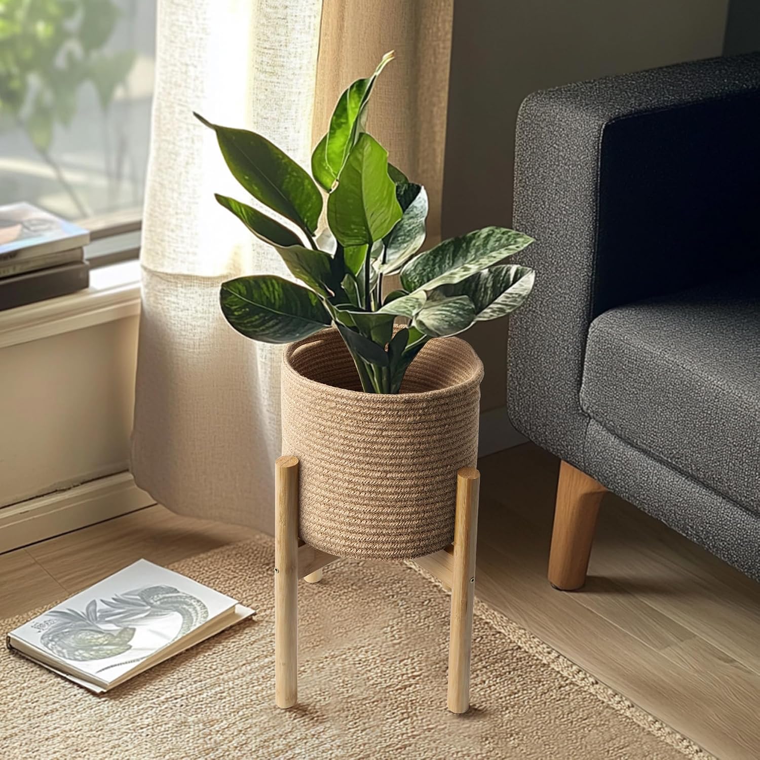 Woven Basket Planter with Bamboo Stand — Round, Jute